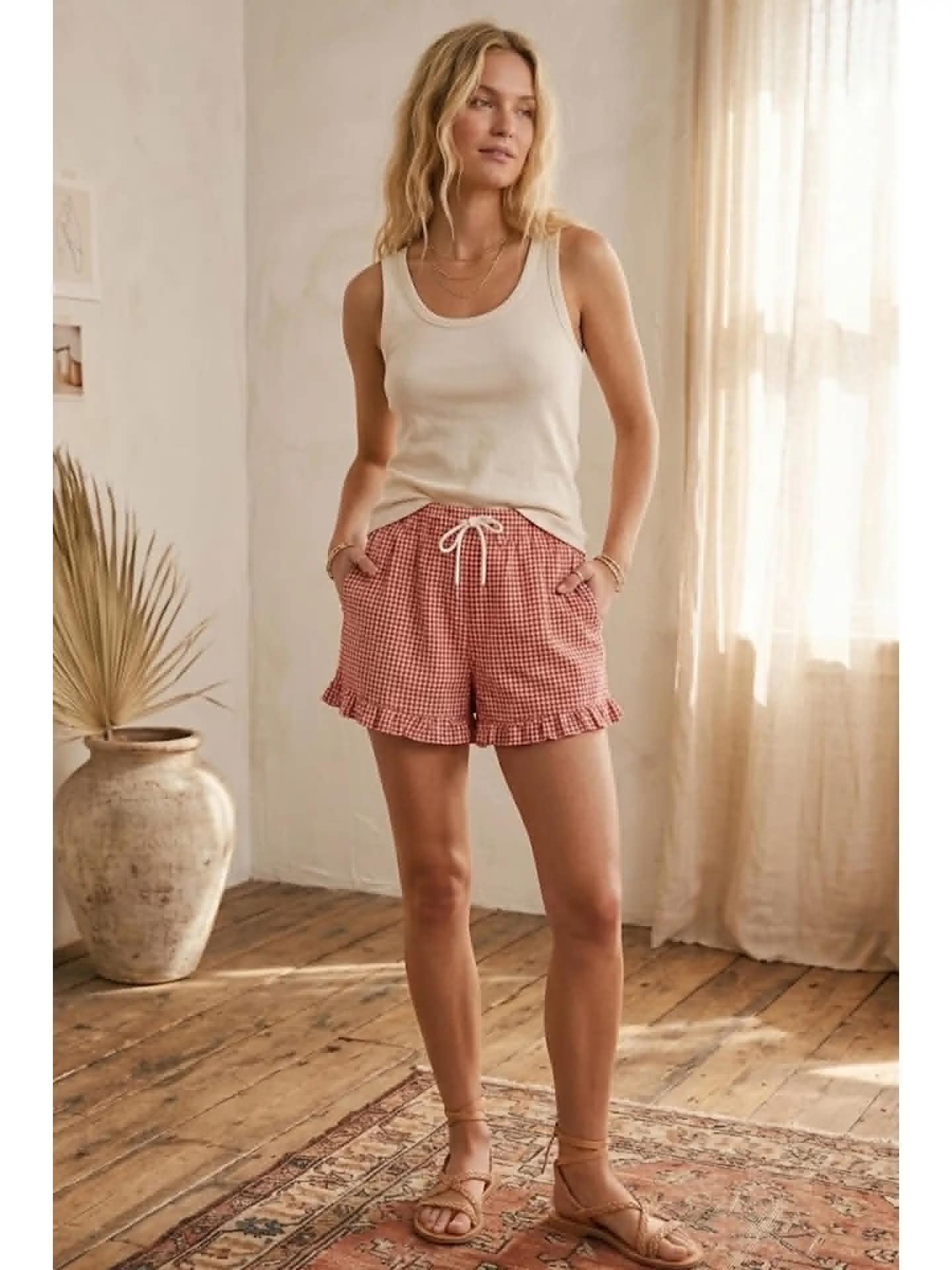 282 Checkered Woven Ruffle Shorts
