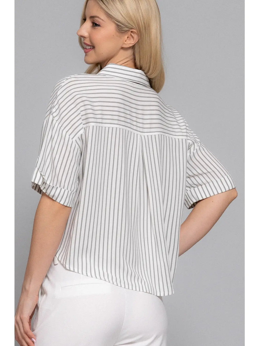190 Striped Button Up Collared Top