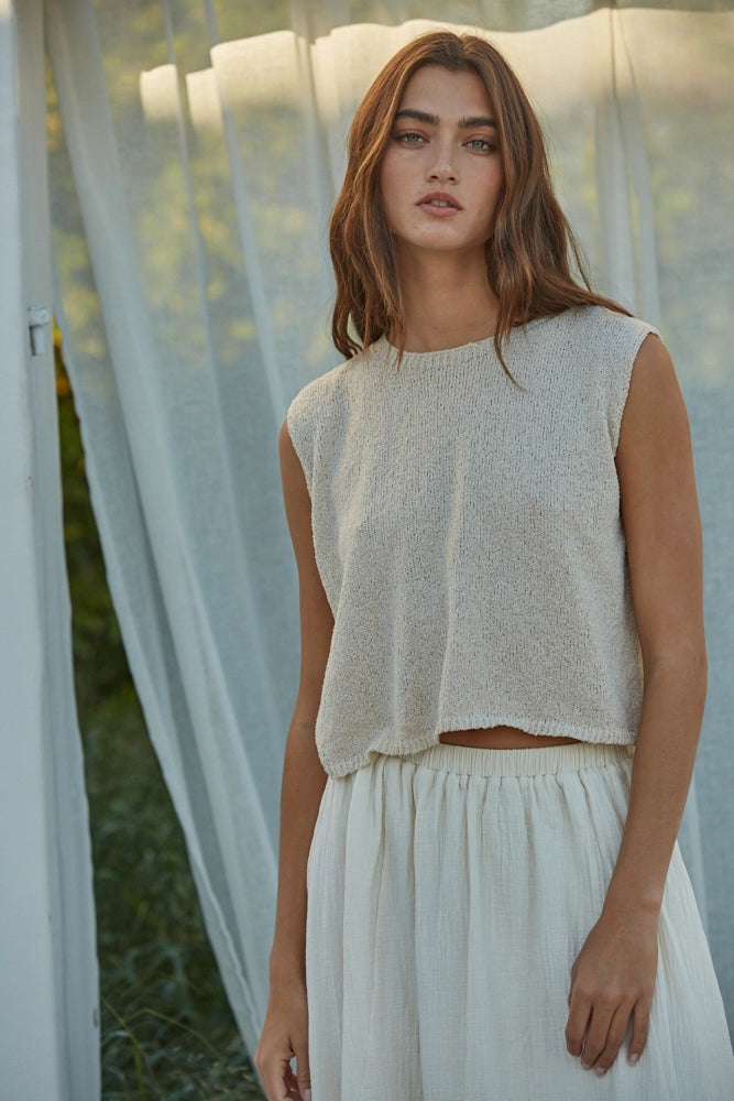 204 Crew Neck Sleeveless Knit Tank in Beige