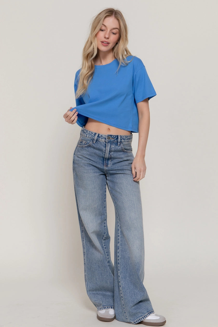 Short Sleeve Crew Neck Oversize Crop Cotton Knit Tee
