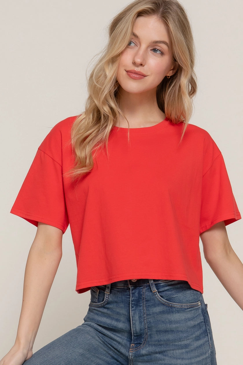 Short Sleeve Crew Neck Oversize Crop Cotton Knit Tee