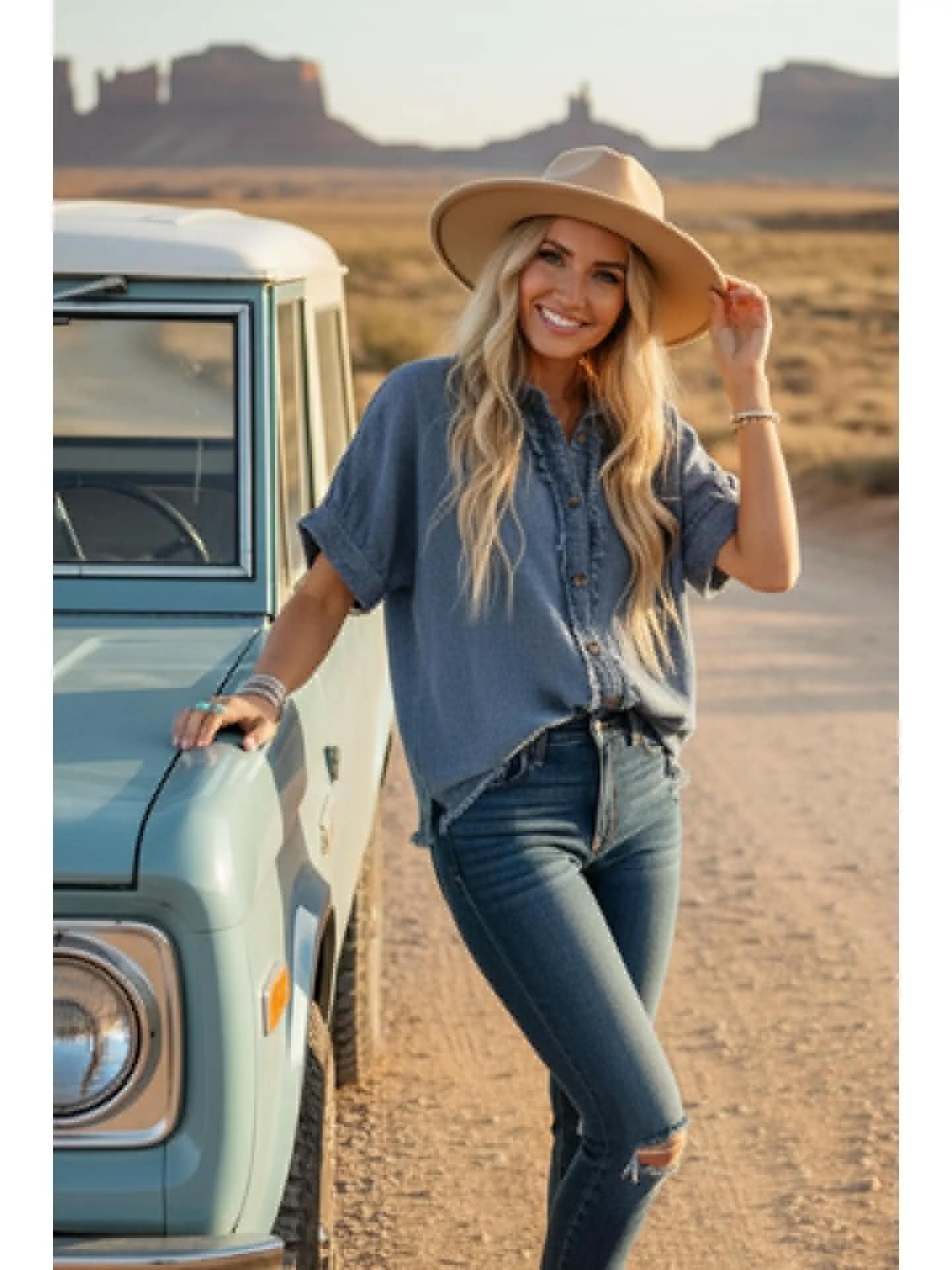 285 Frayed Hem Button Denim Top