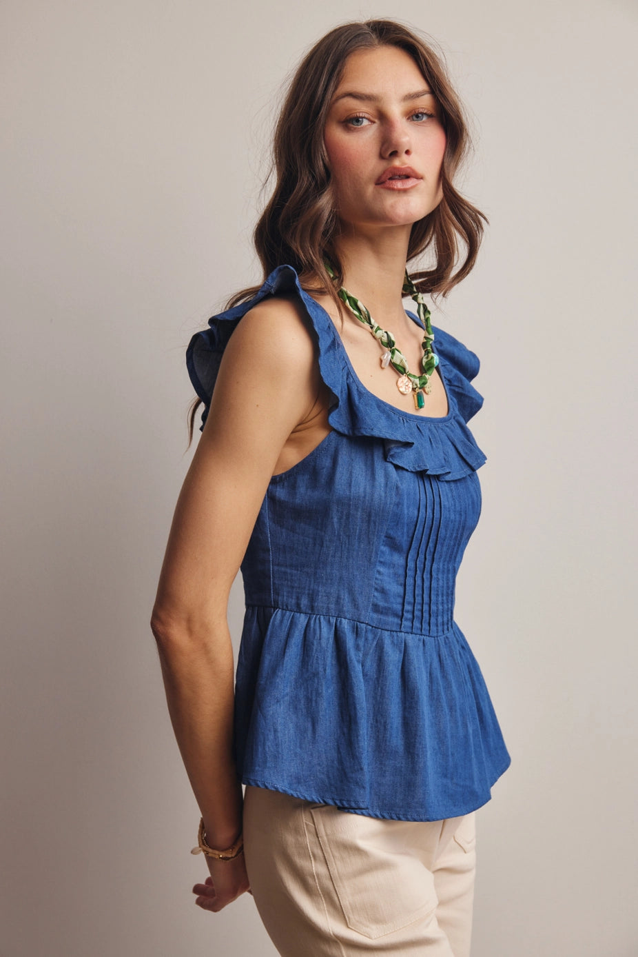 105 Navy Ruffled Peplum Top