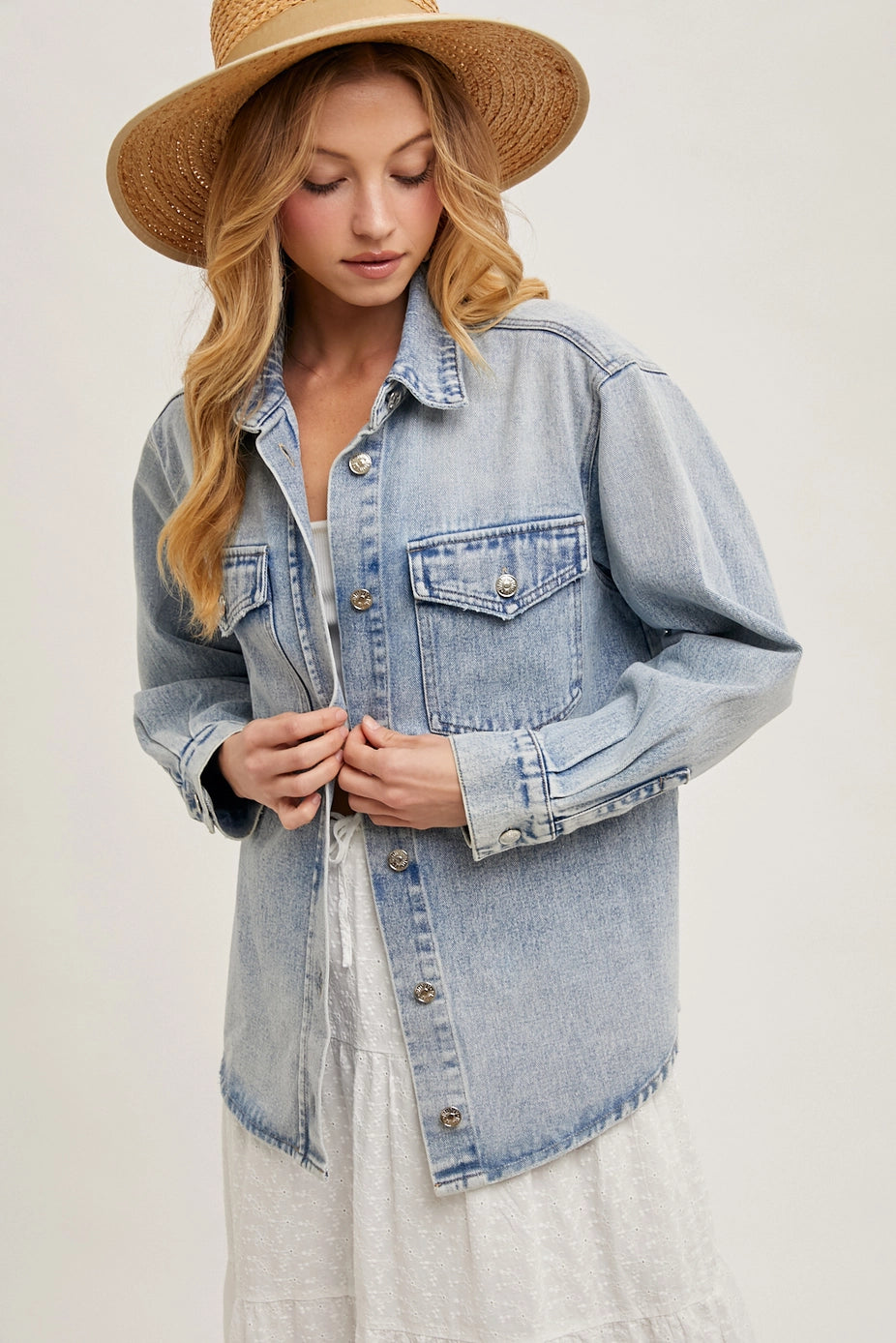 163 Washed Denim Button Down Shirt Jacket