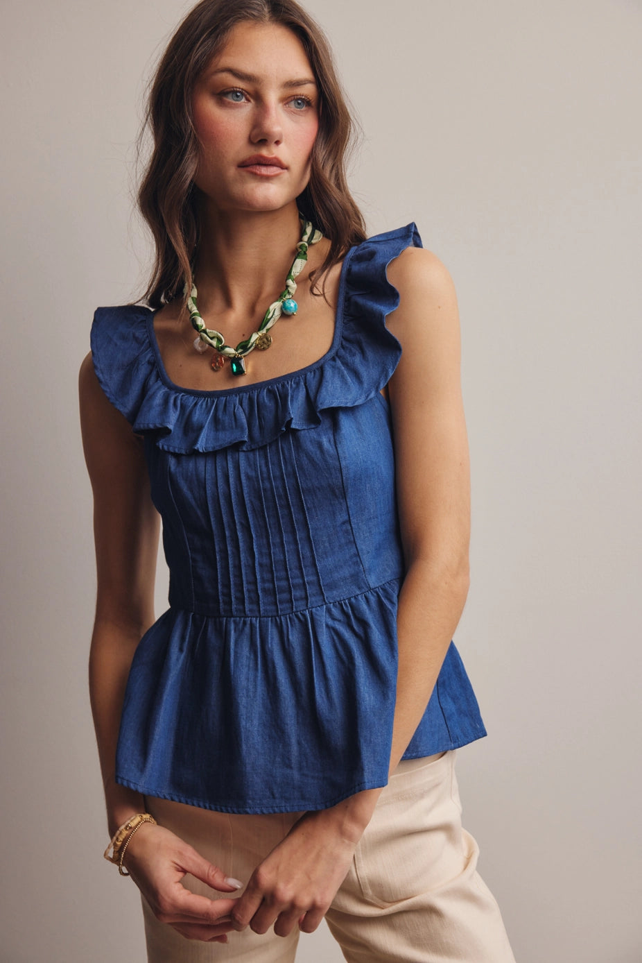 105 Navy Ruffled Peplum Top