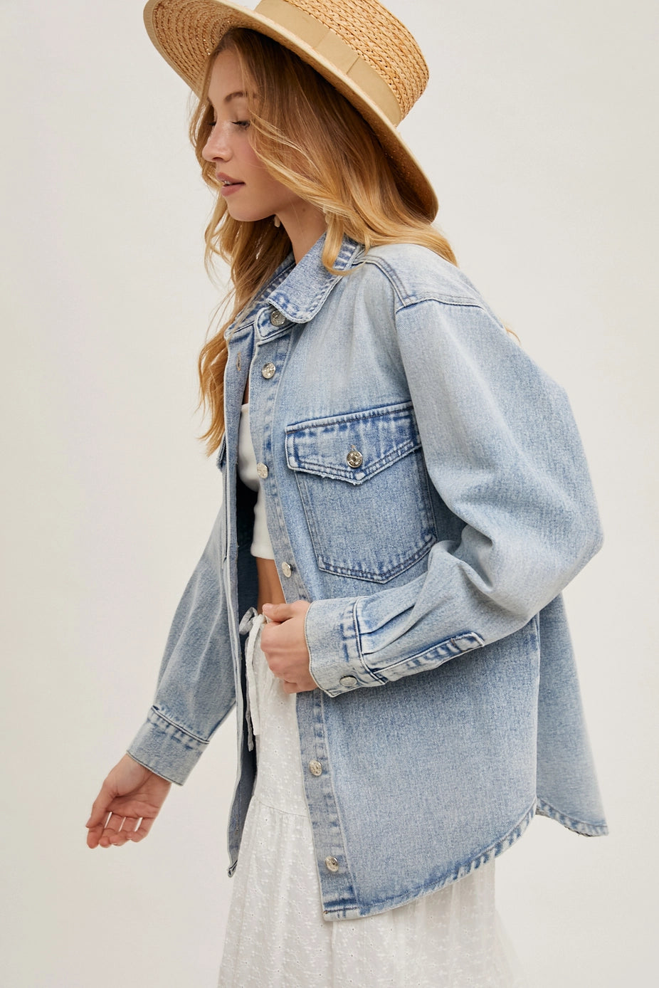 163 Washed Denim Button Down Shirt Jacket