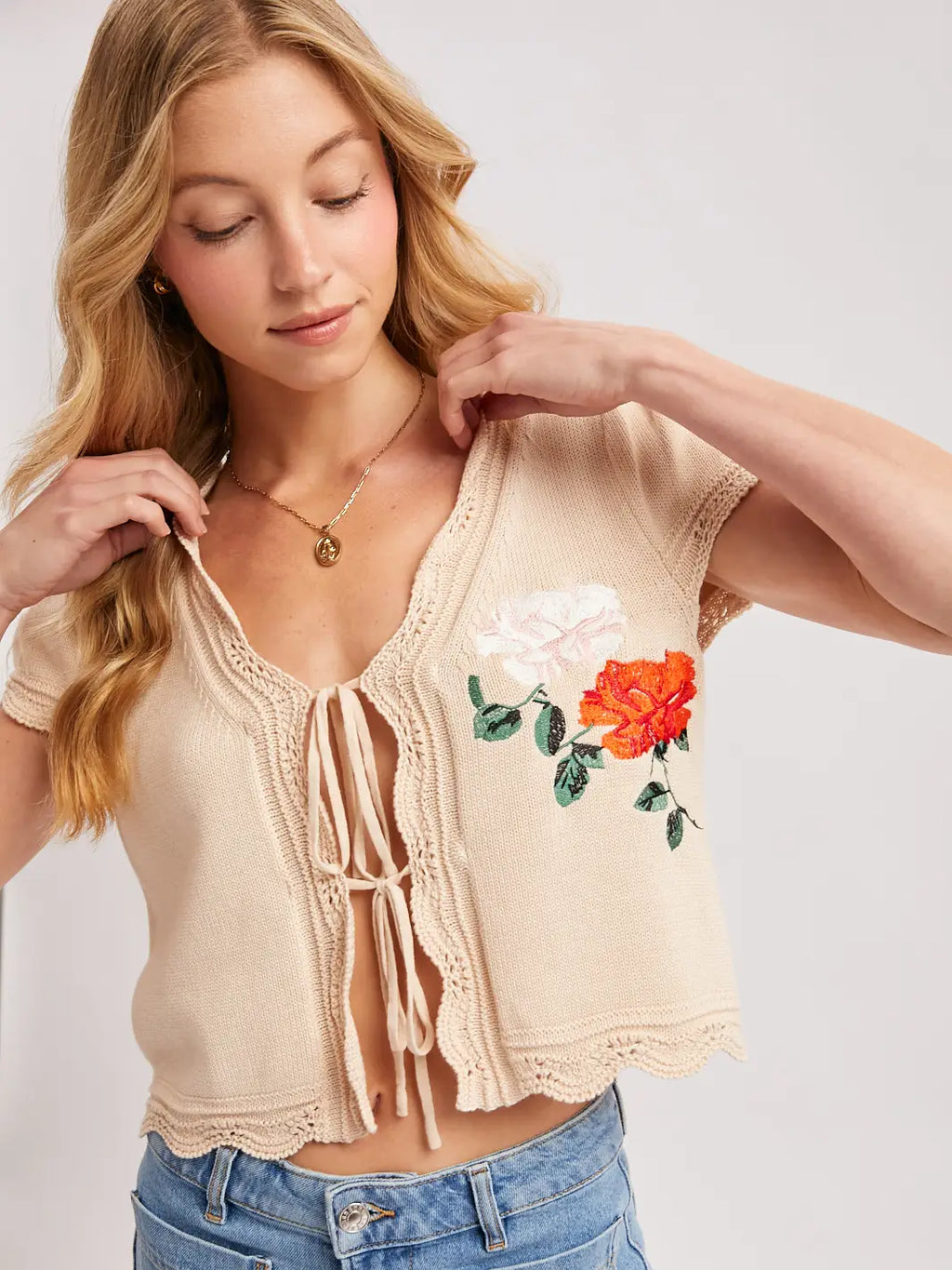 193 Floral Lace Tie Front Sweater