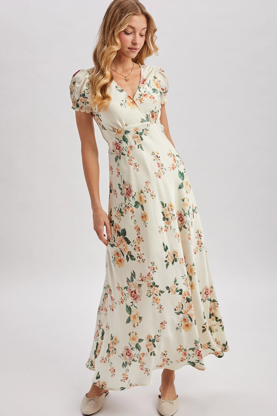 159 Floral Print V Neck Maxi Dress