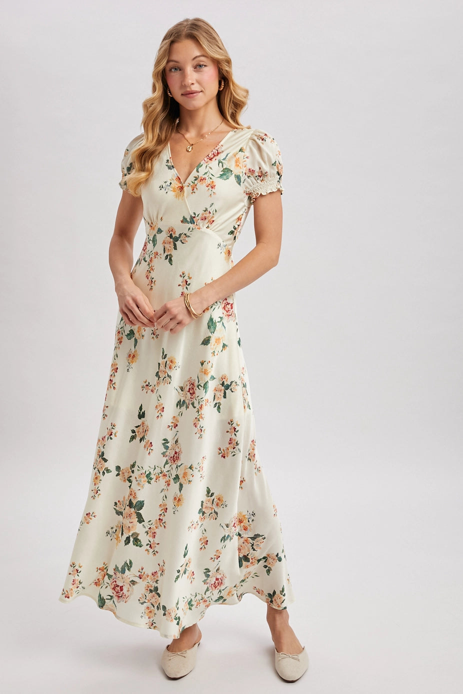 159 Floral Print V Neck Maxi Dress