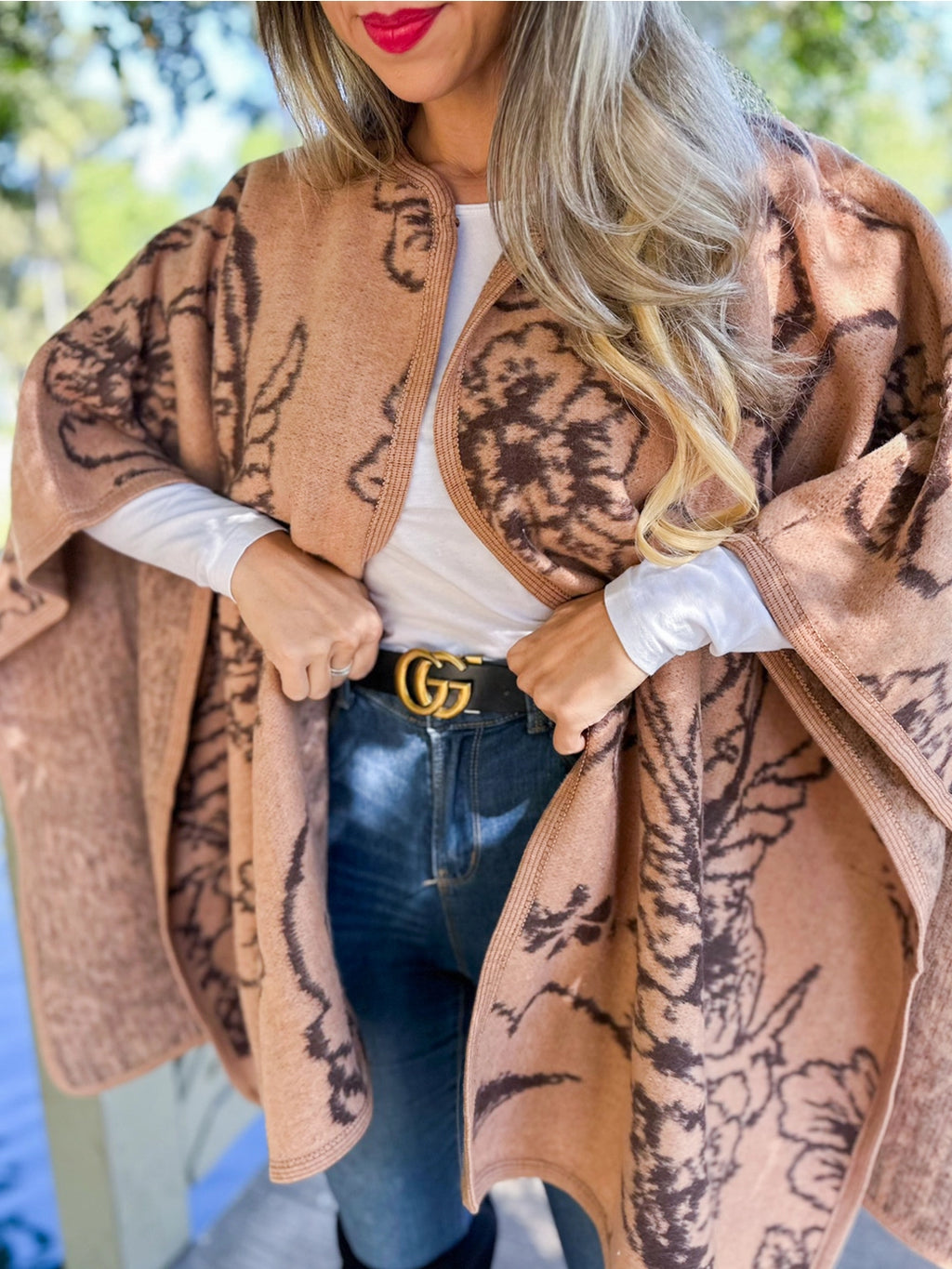149 Camel Elegant Floral Print Cape Shawl Cardigan