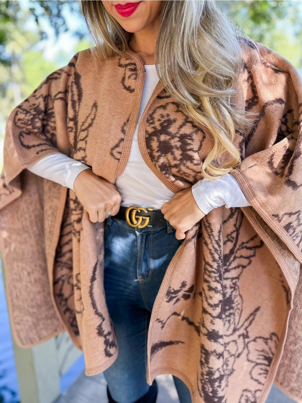 149 Camel Elegant Floral Print Cape Shawl Cardigan