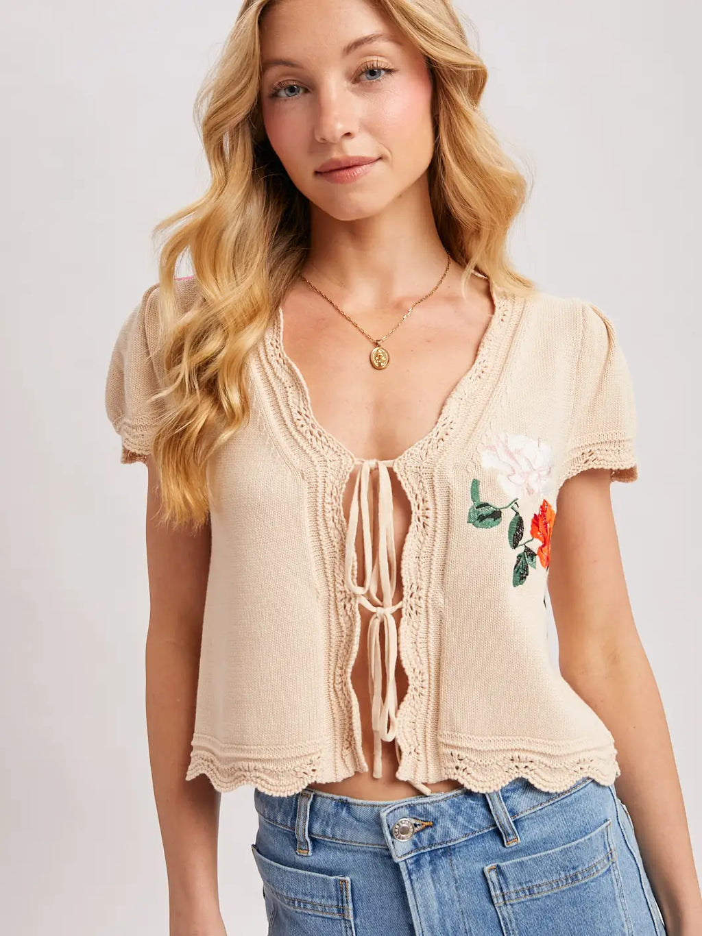 193 Floral Lace Tie Front Sweater