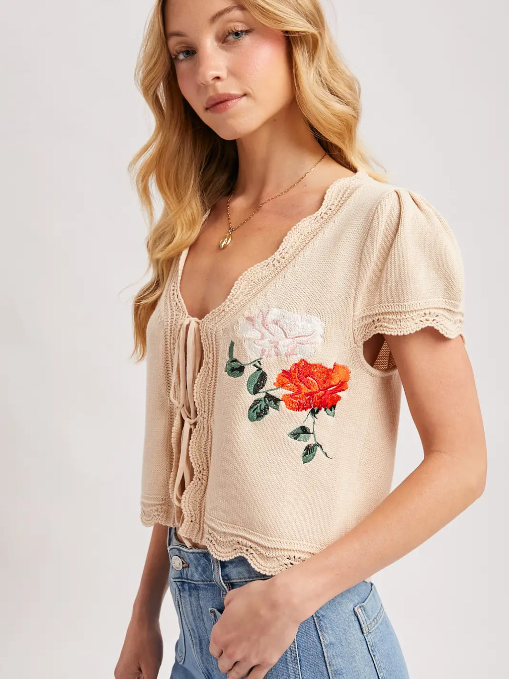 193 Floral Lace Tie Front Sweater