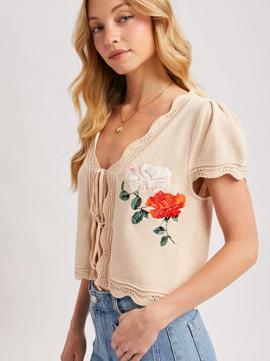 193 Floral Lace Tie Front Sweater