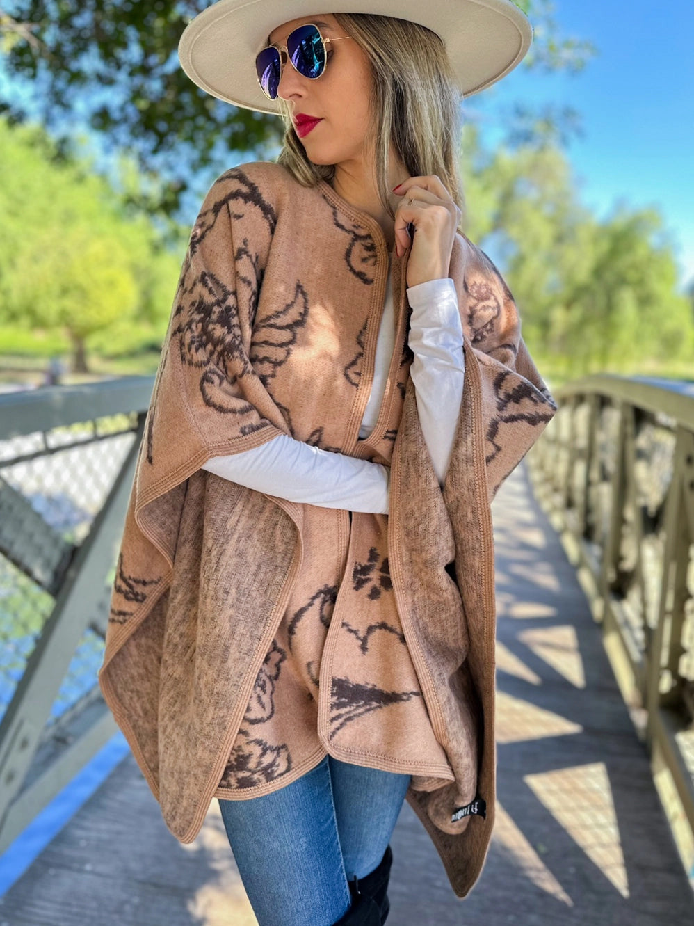 149 Camel Elegant Floral Print Cape Shawl Cardigan