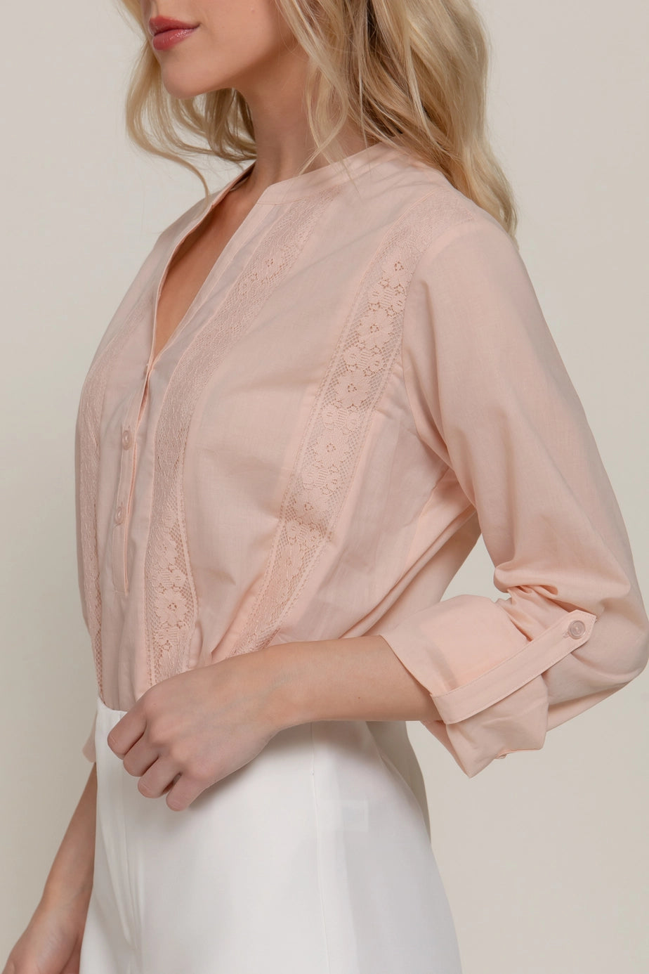 92 Elegant Lace Panel Woven Blouse