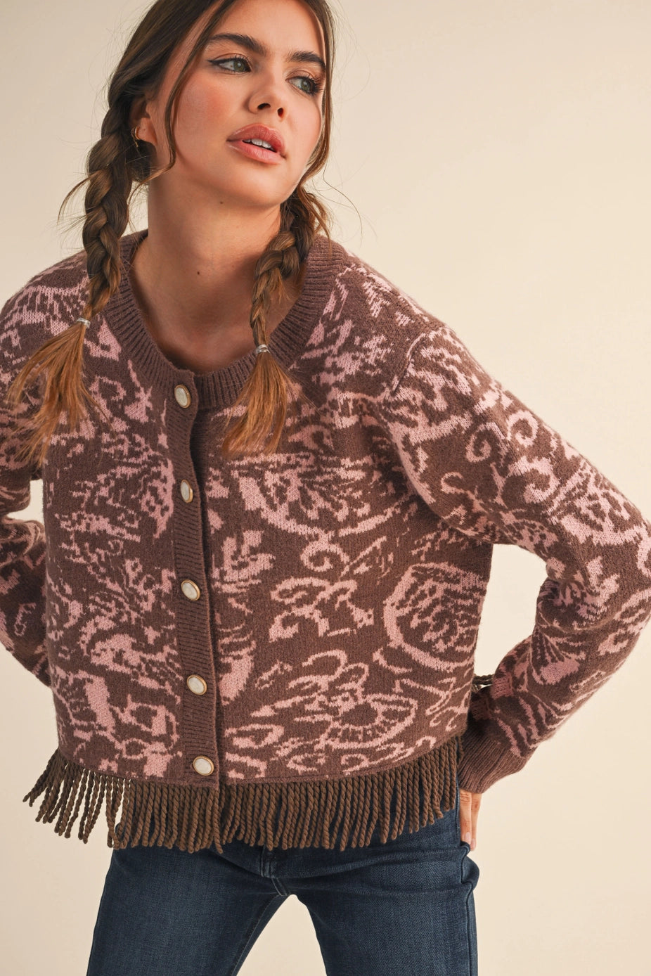 78 Jacquard Fringe Cardigan