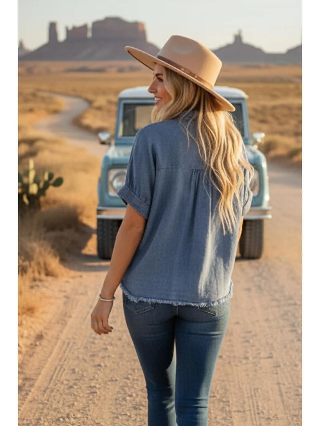 285 Frayed Hem Button Denim Top
