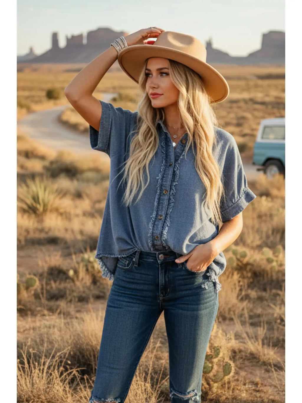 285 Frayed Hem Button Denim Top