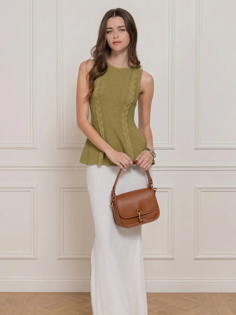 187 Sleeveless Crew Neck Cable Knit Peplum Top