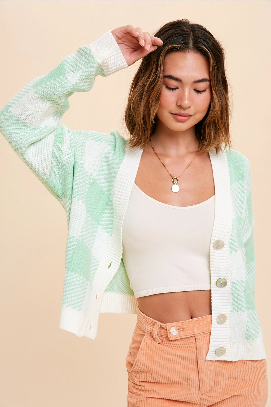 147 Mint Plaid Knit Cardigan