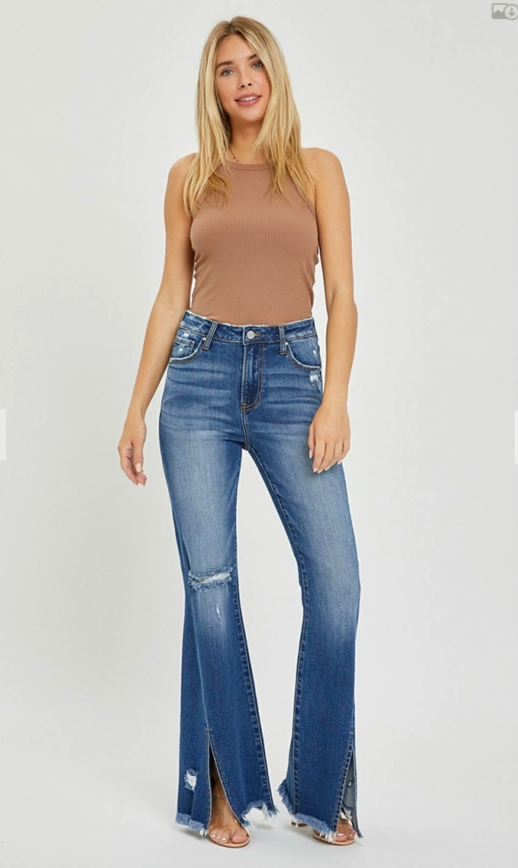 99 High Rise Slit Flare Hem Denim Jeans