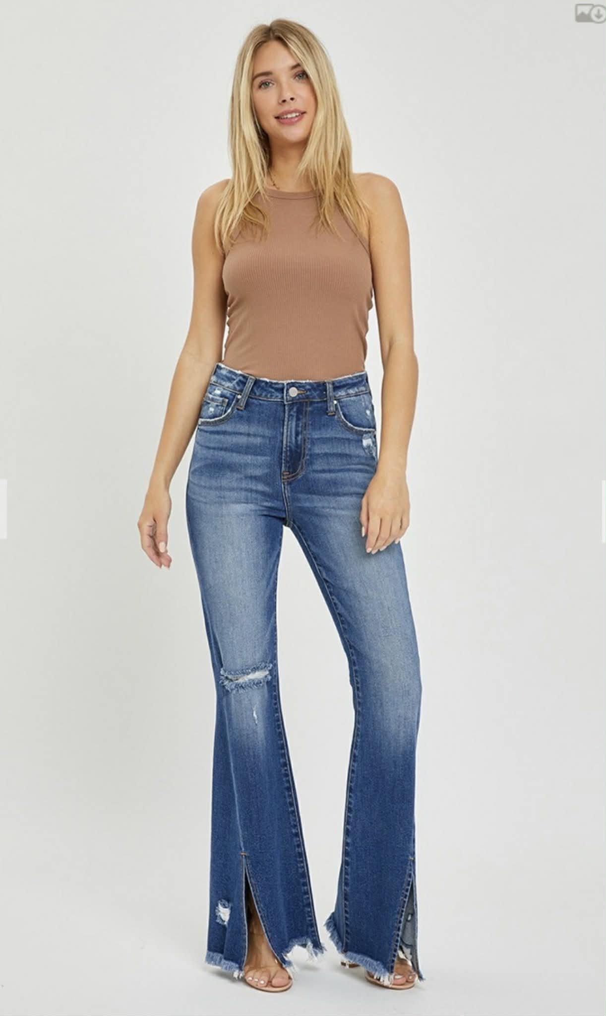 99 High Rise Slit Flare Hem Denim Jeans