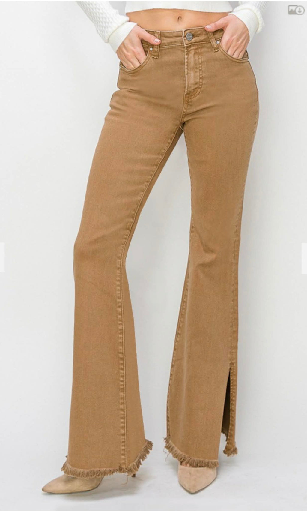99 Khaki HIgh Rise Side Slit Flare Pants