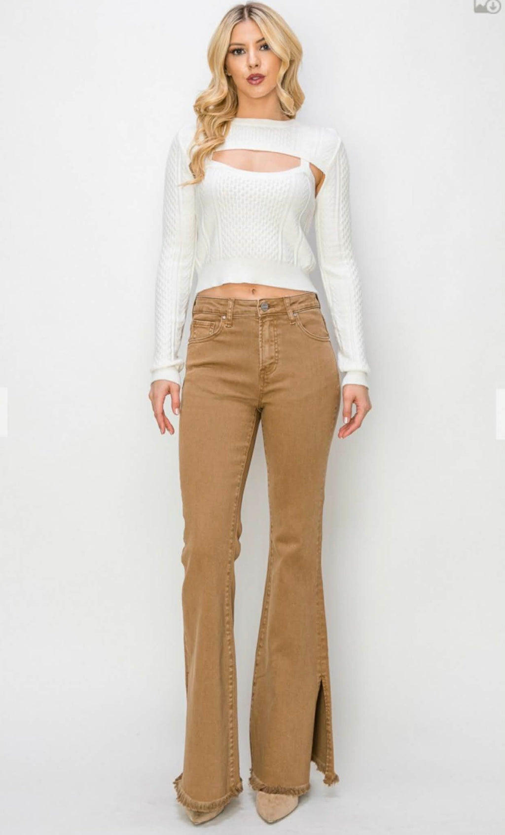 99 Khaki HIgh Rise Side Slit Flare Pants