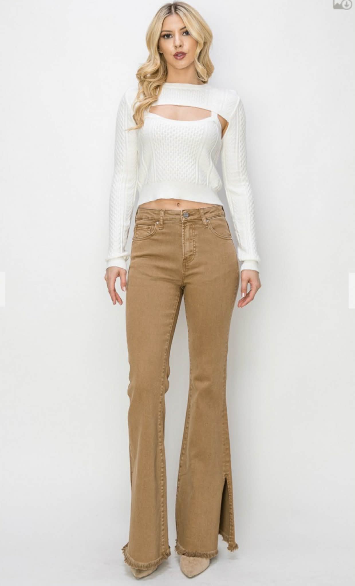 99 Khaki HIgh Rise Side Slit Flare Pants