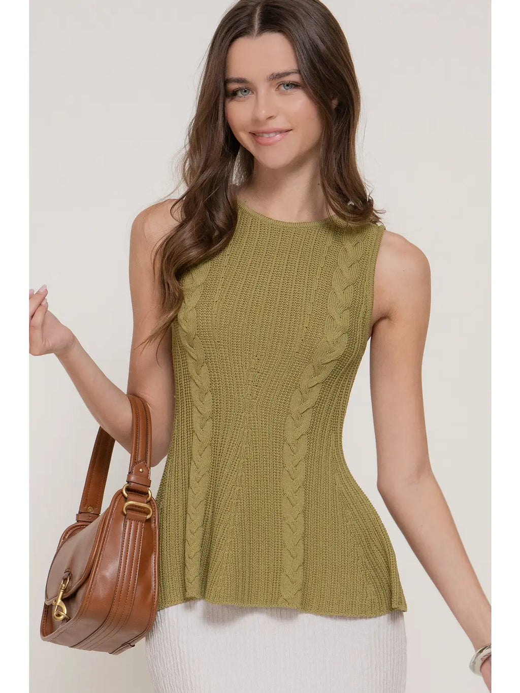 187 Sleeveless Crew Neck Cable Knit Peplum Top