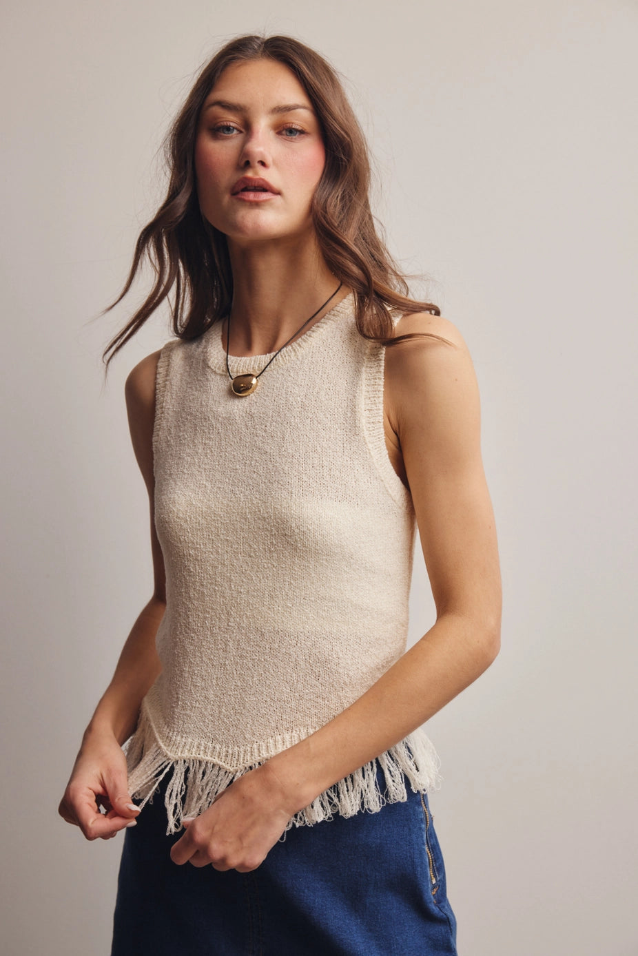 102 Fringe-Hem Sleeveless Knit Top