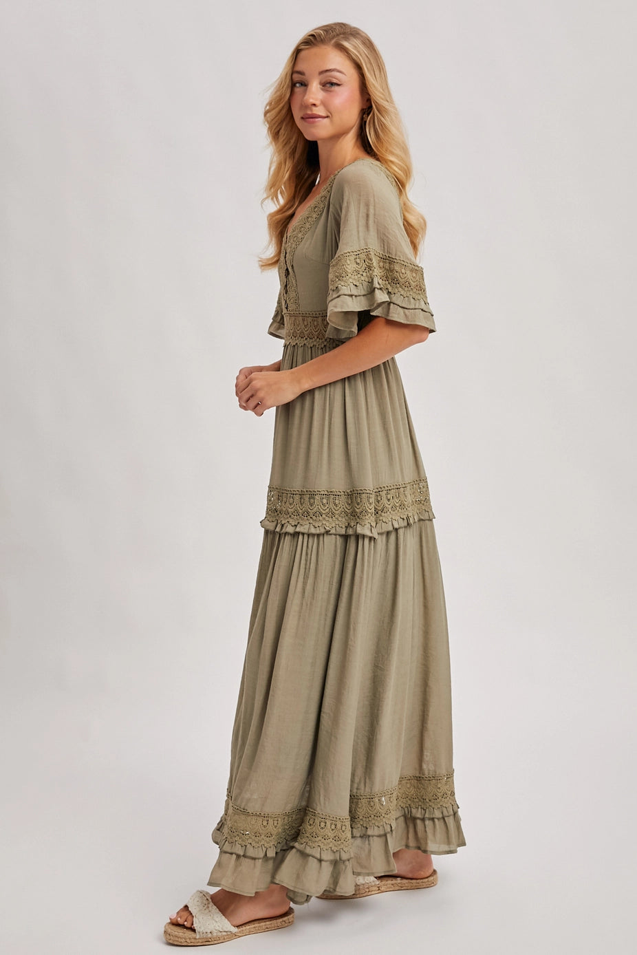 162 V-Neck Lace Trim Maxi Dress