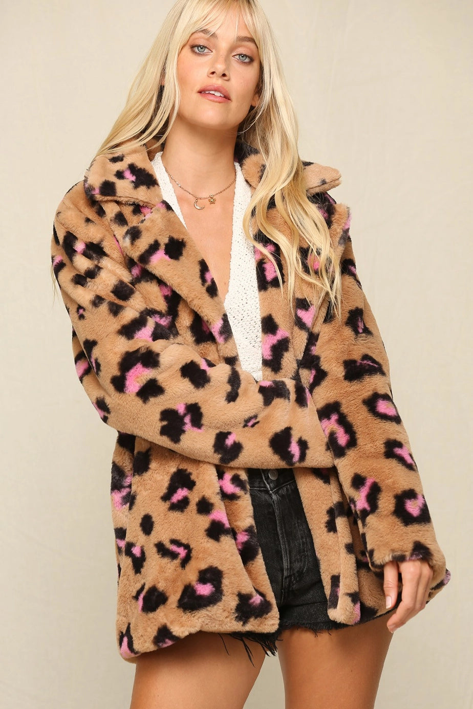 15 Shaggy Faux Shearling Animal Print Coat