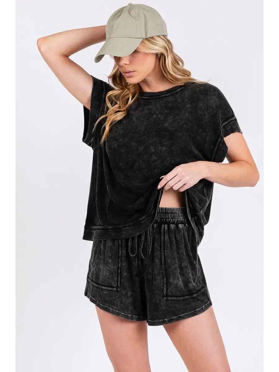 Mineral Washed Top and Shorts Rib Set 237