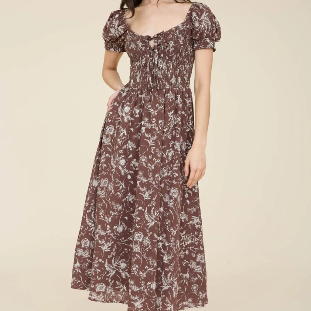 342 Floral Toile Front Tie Smocked Midi Dress