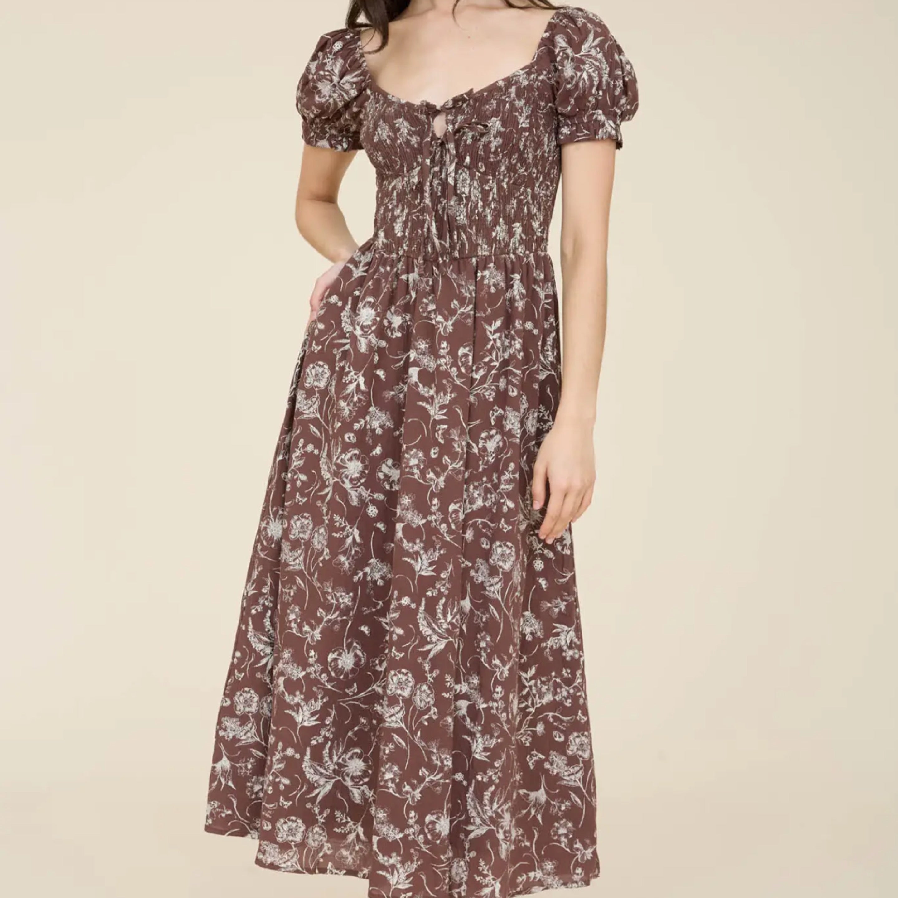 342 Floral Toile Front Tie Smocked Midi Dress