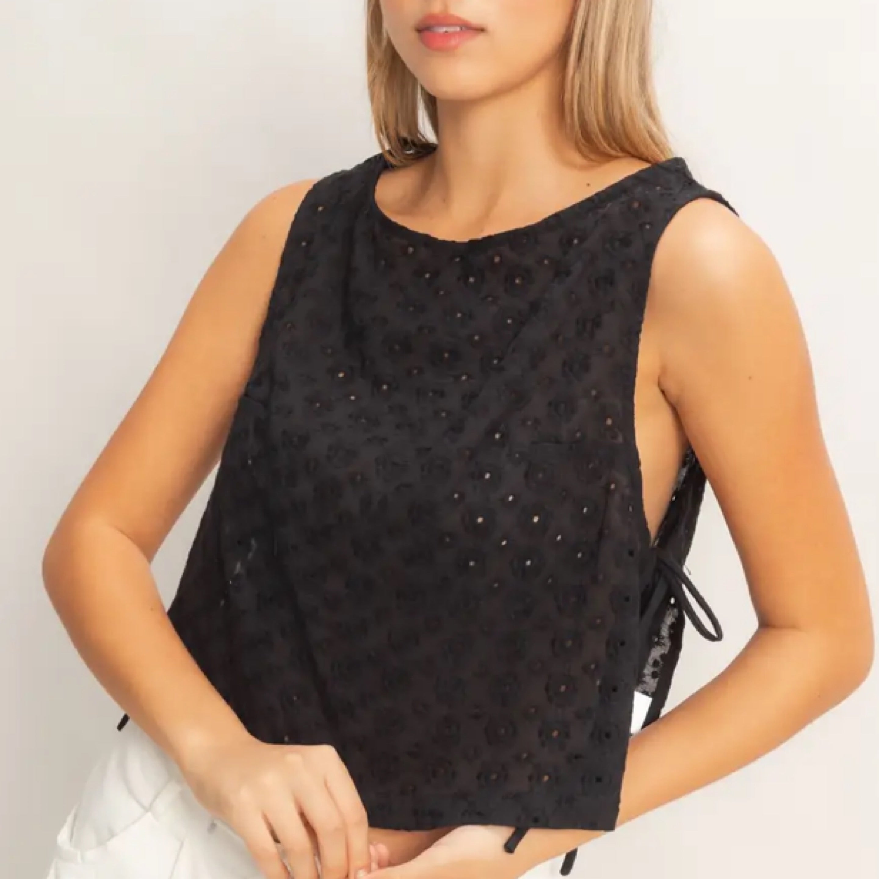 304 Sleeveless Textured Eyelet Top with Side Straps