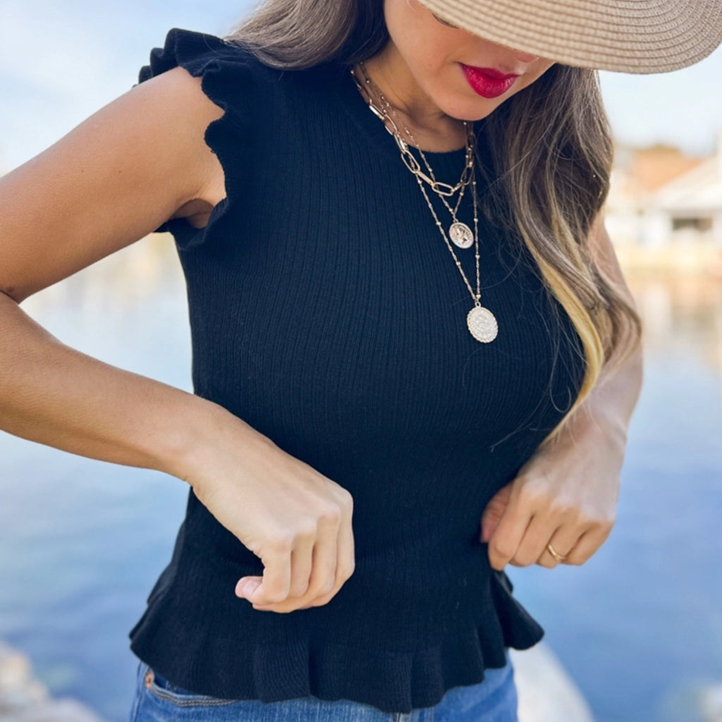 198 Black Ribbed Ruffle Sleeveless Top