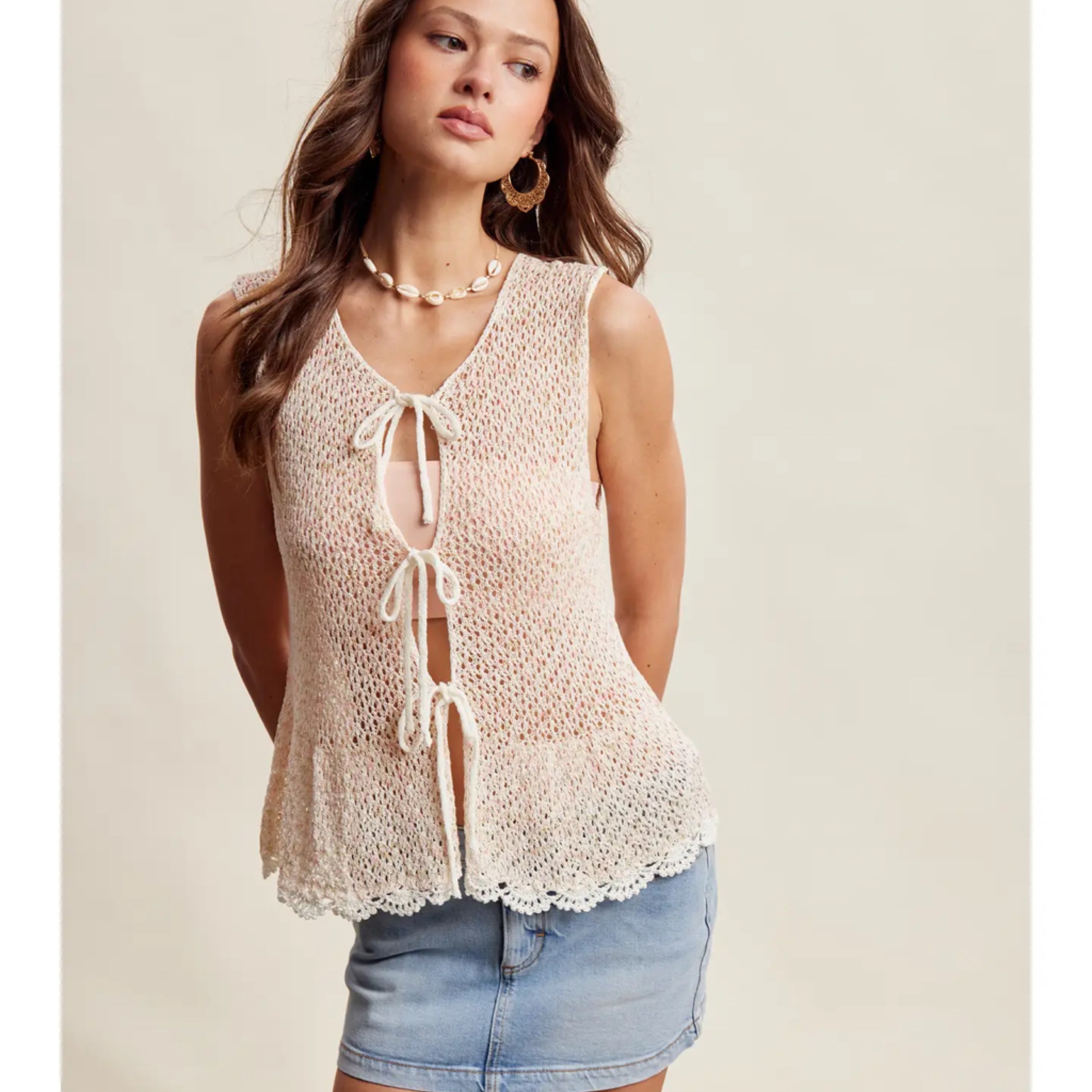 331 Crochet Tie Front Sleeveless Cardigan