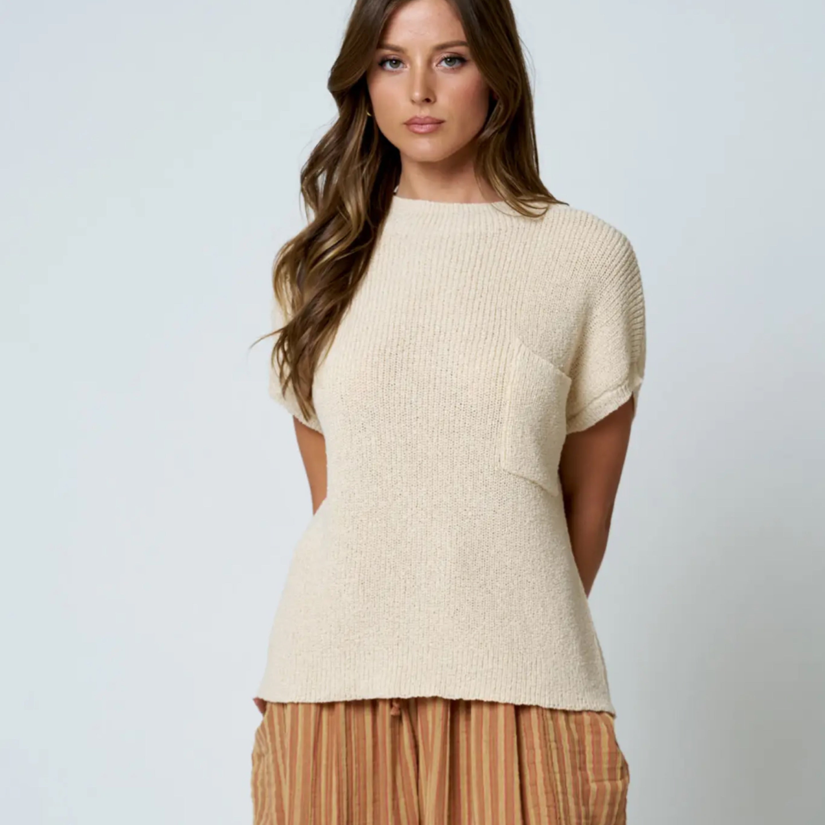 347 Pocket Detail Drop Shoulder Short Sleeve Sweater