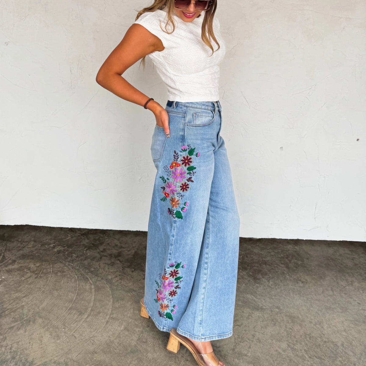 270 Floral Embroidered Wide Leg Jeans