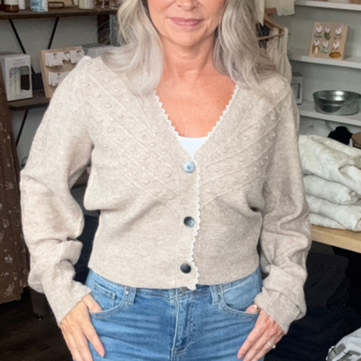 369 Lace Trim Button Down Cardigan