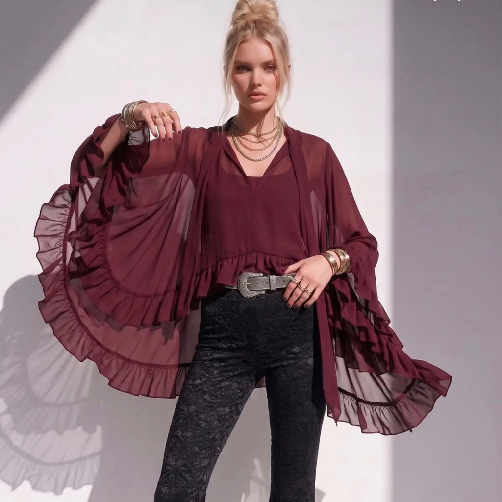 421 Merlot Bloom Ruffle Top