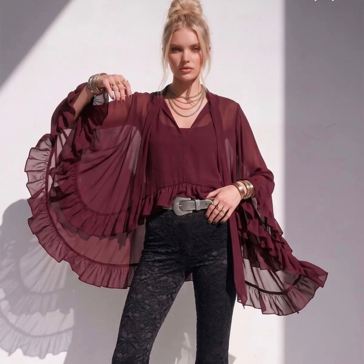 421 Merlot Bloom Ruffle Top