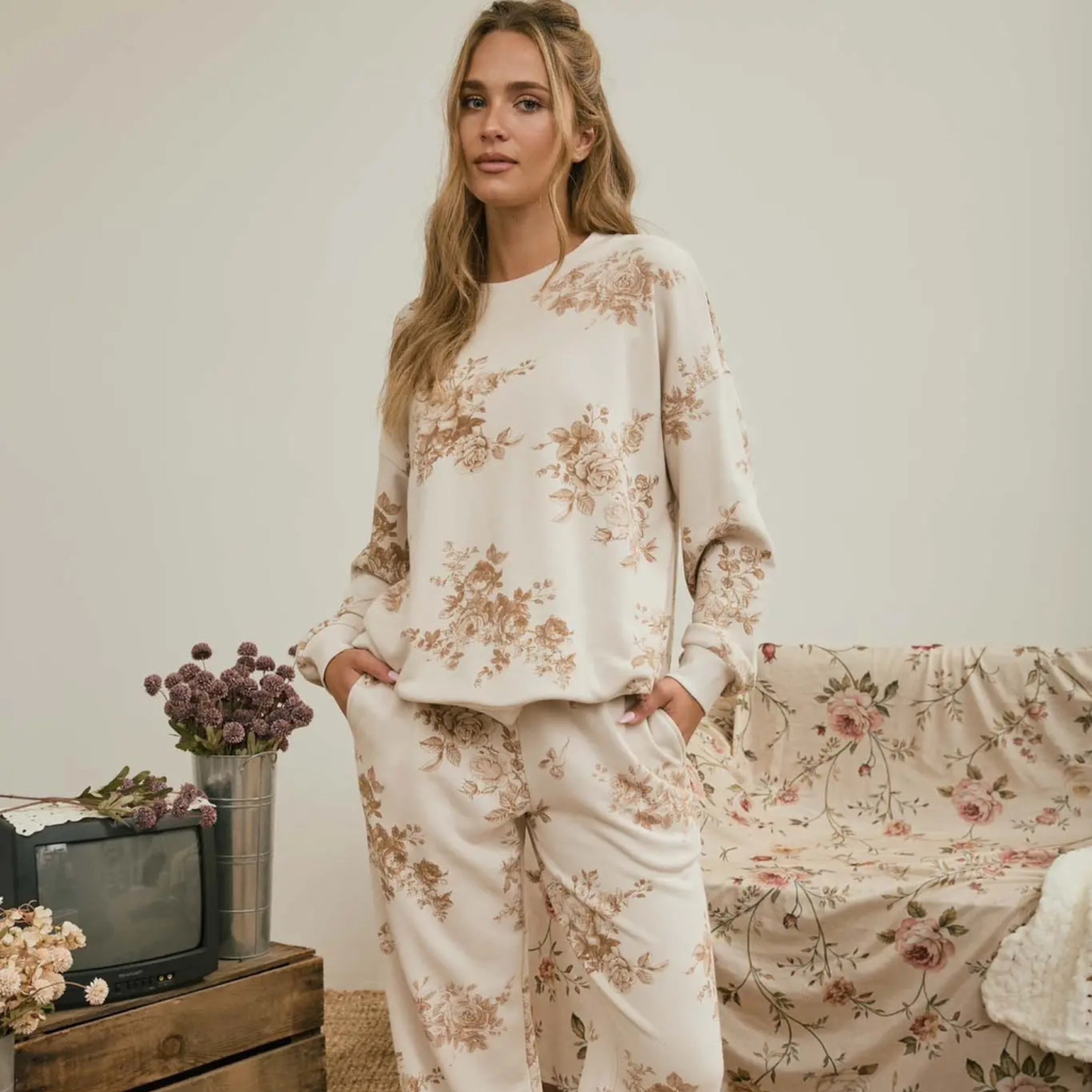 344 Floral Khaki Long Sleeve Knit