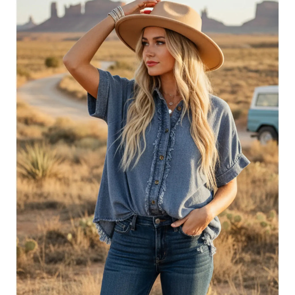 285 Frayed Hem Button Denim Top