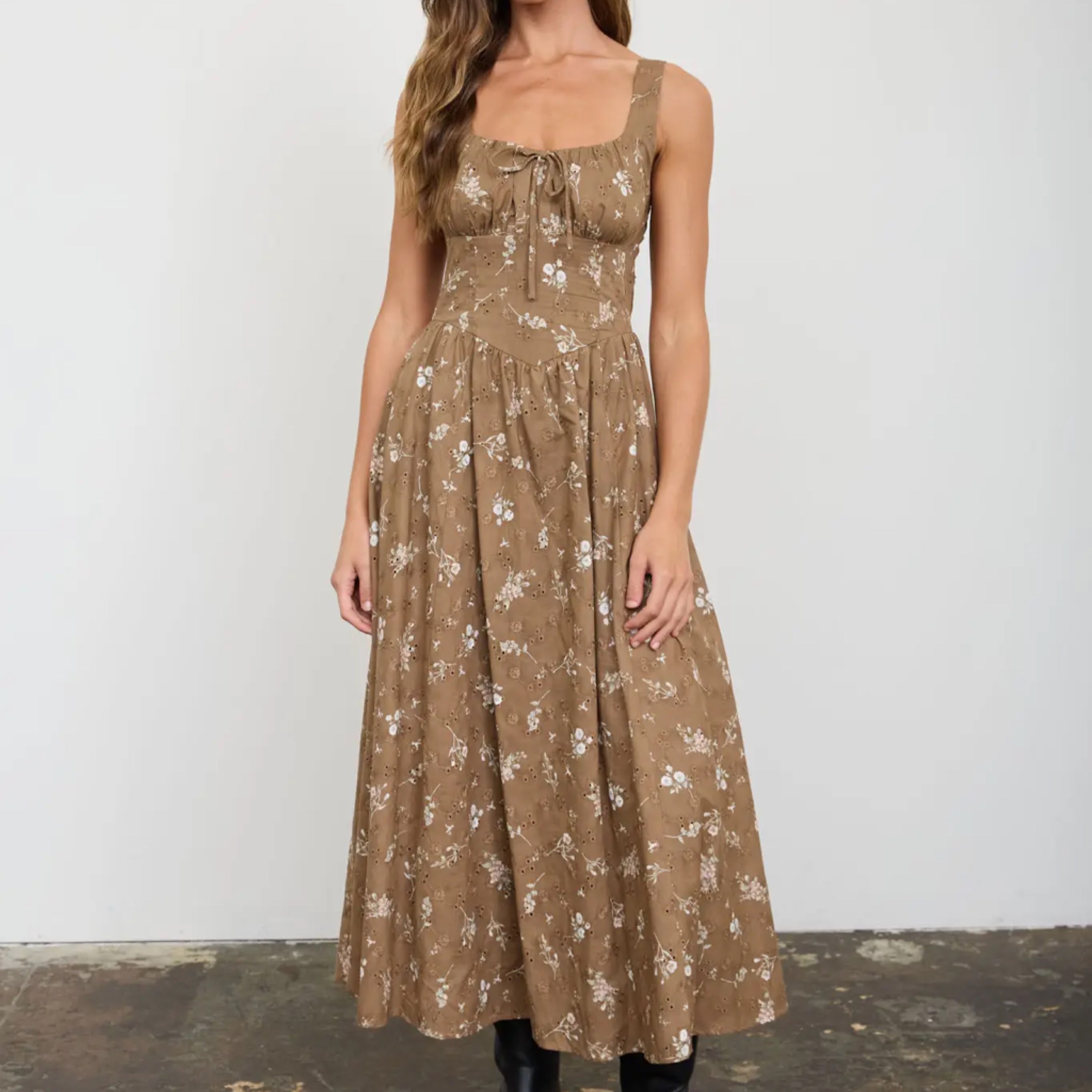 341 Floral Eyelet Tie Front Corset Midi Dress