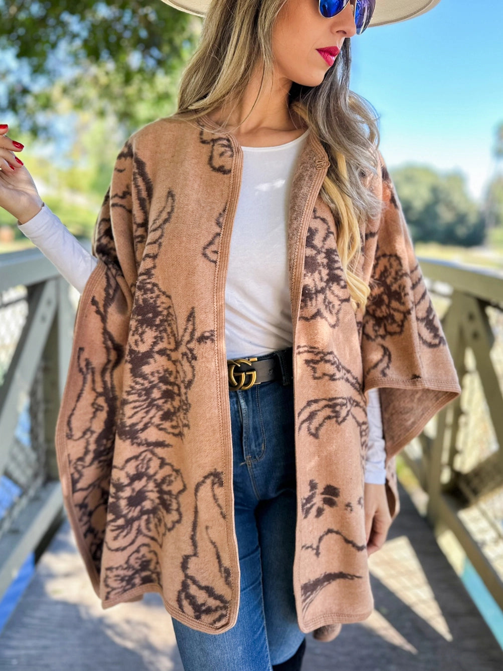 149 Camel Elegant Floral Print Cape Shawl Cardigan
