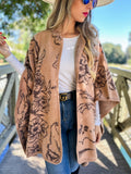 149 Camel Elegant Floral Print Cape Shawl Cardigan